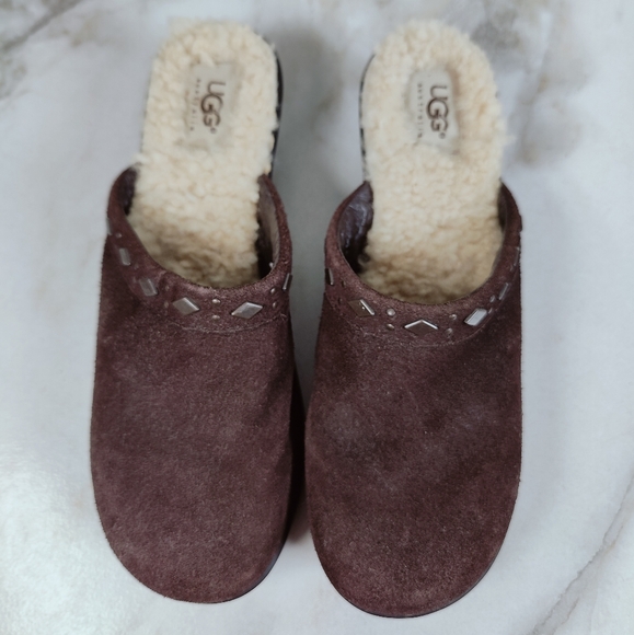 UGG Fiona Brown Suede Shearling Lined Slip On Clogs Mules, Sz 7 - Picture 5 of 10